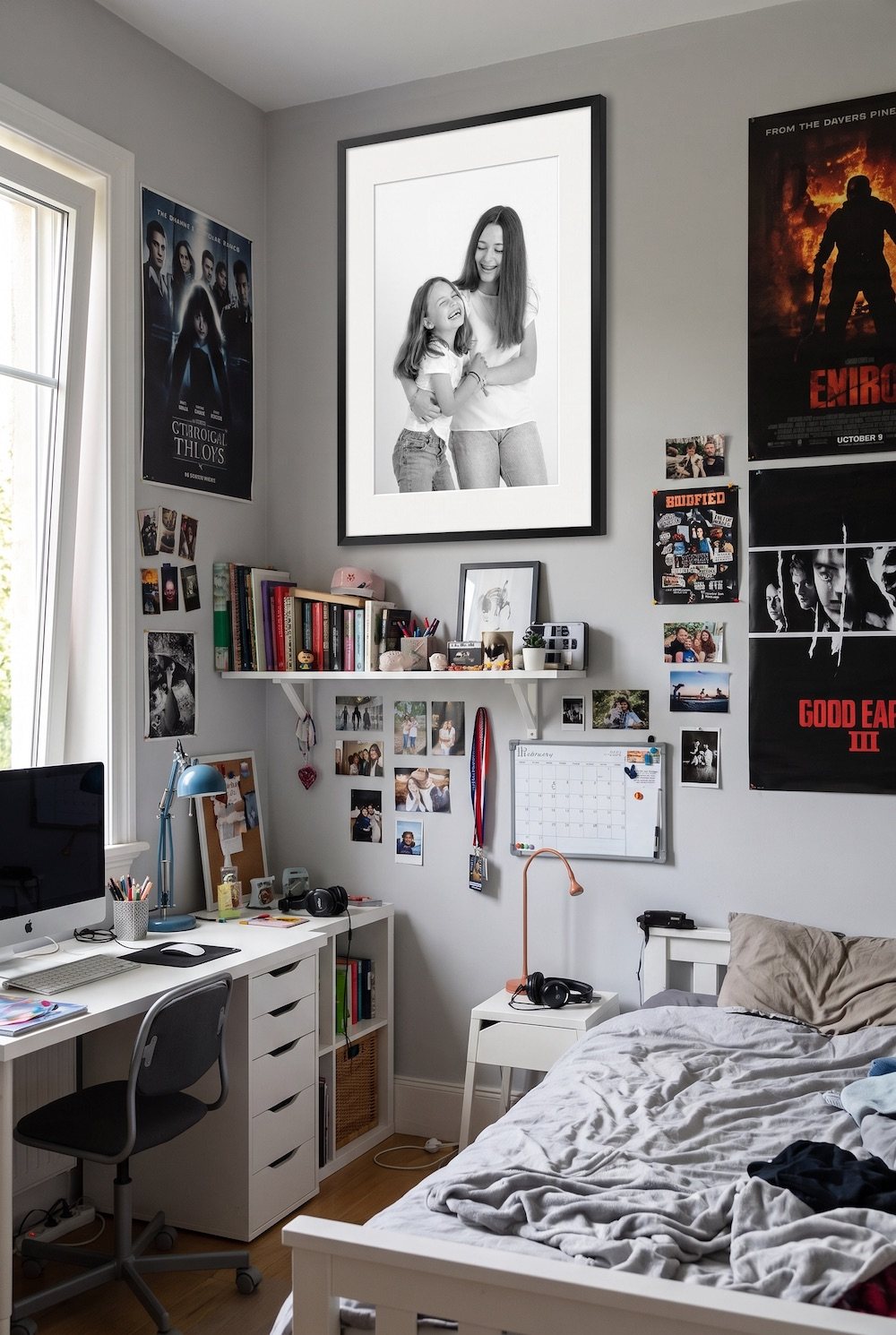 Portrait de deux sœurs encadré dans une chambre d'ado